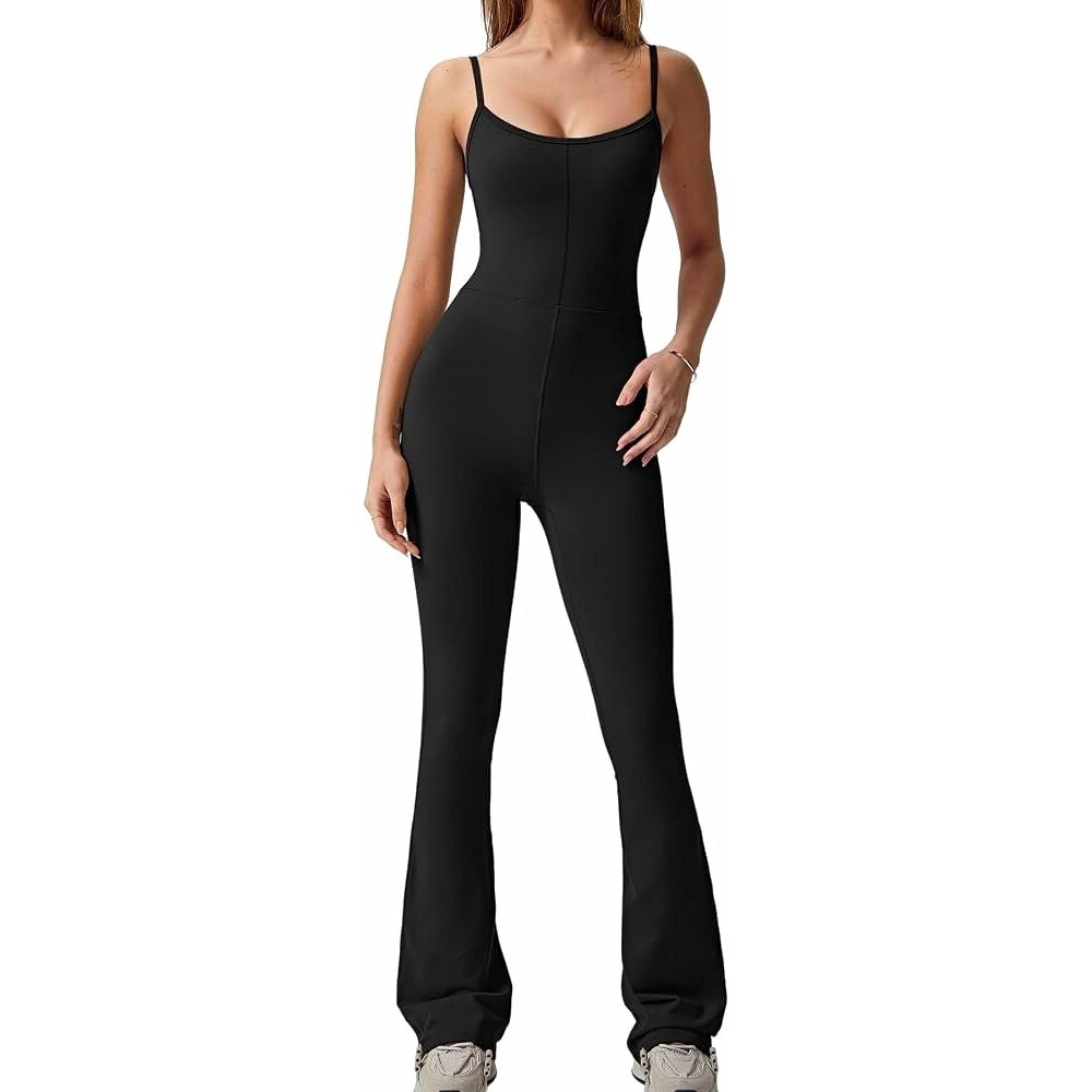 Women's Black Solid Square Neck Spaghetti Strap Flared Jumpsuit L